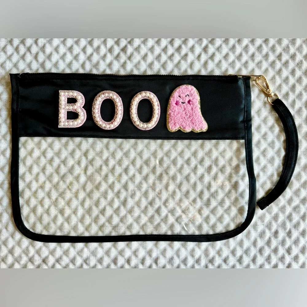 New Halloween Boo Pink Ghost Black & Clear Zippered Makeup Wristlet Bag - 11.5”